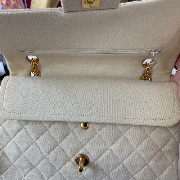 Chanel Beige Cotton Double Flap Quilted Handbag - Picture 6 of 10
